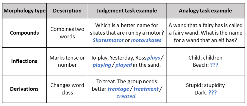 Tasks used to assess different types of morphology